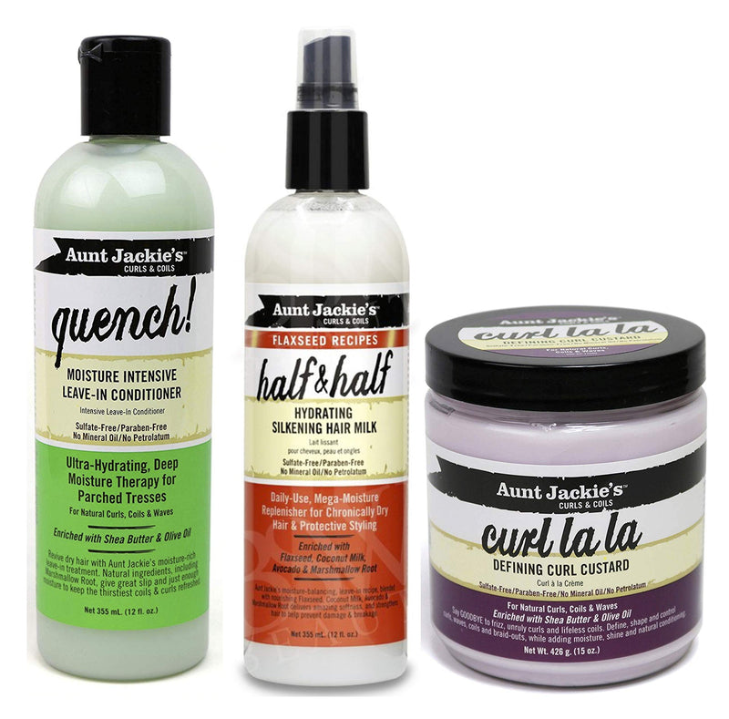 [Australia] - Aunt Jackies Curls & Coils TRIO BUNDLE | Quench Moisture Intensive Leave In Conditioner 355 ml | Curl La la Defining Custard 426g | Half n Half Silkening Milk 355ml 