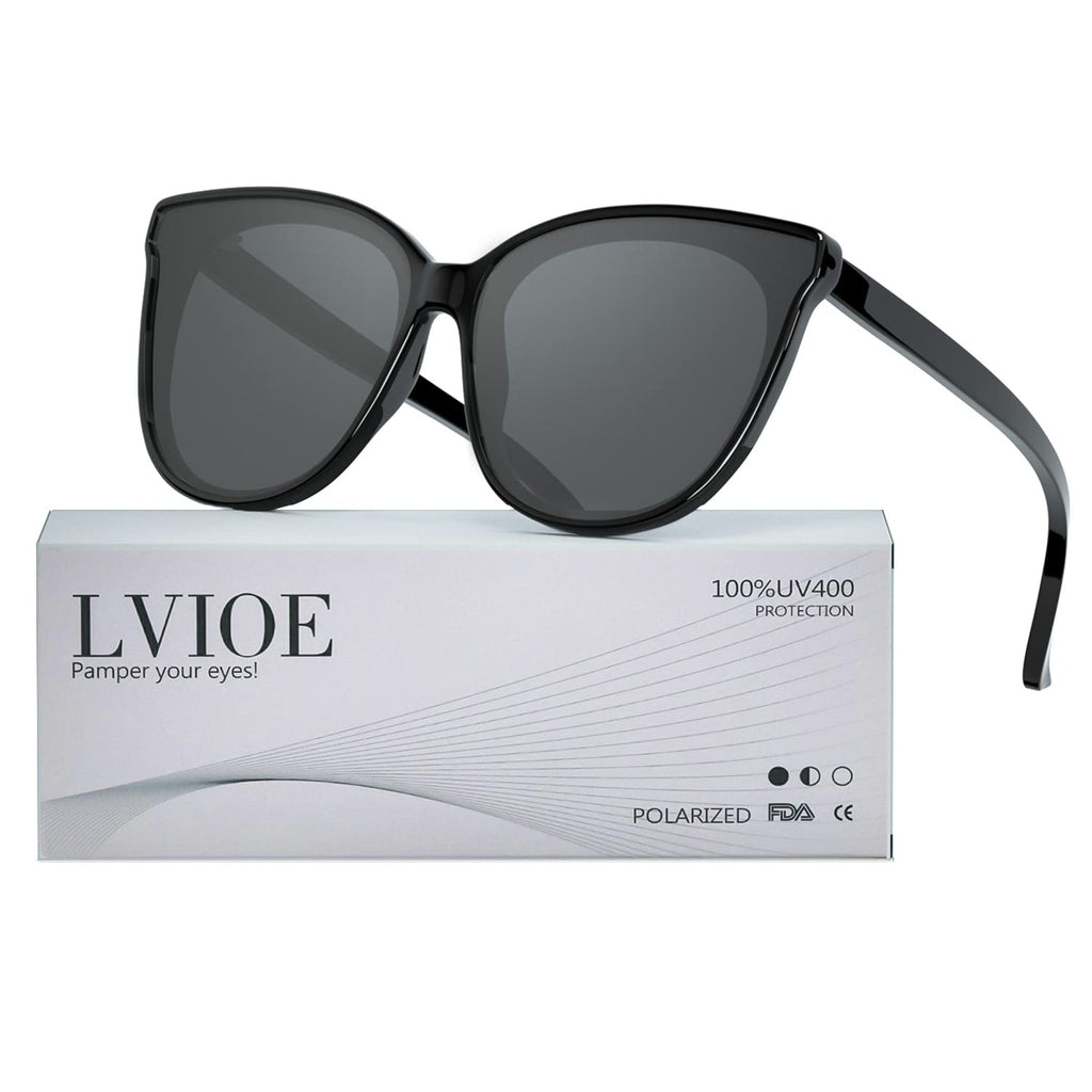 [Australia] - LVIOE Polarised Cat-eye Sunglasses for Women, UV 400 Protection Stylish Oversized Sunglasses, Anti-glare Light Weight for Driving Beach Swimming Black Frame/Grey Lens 