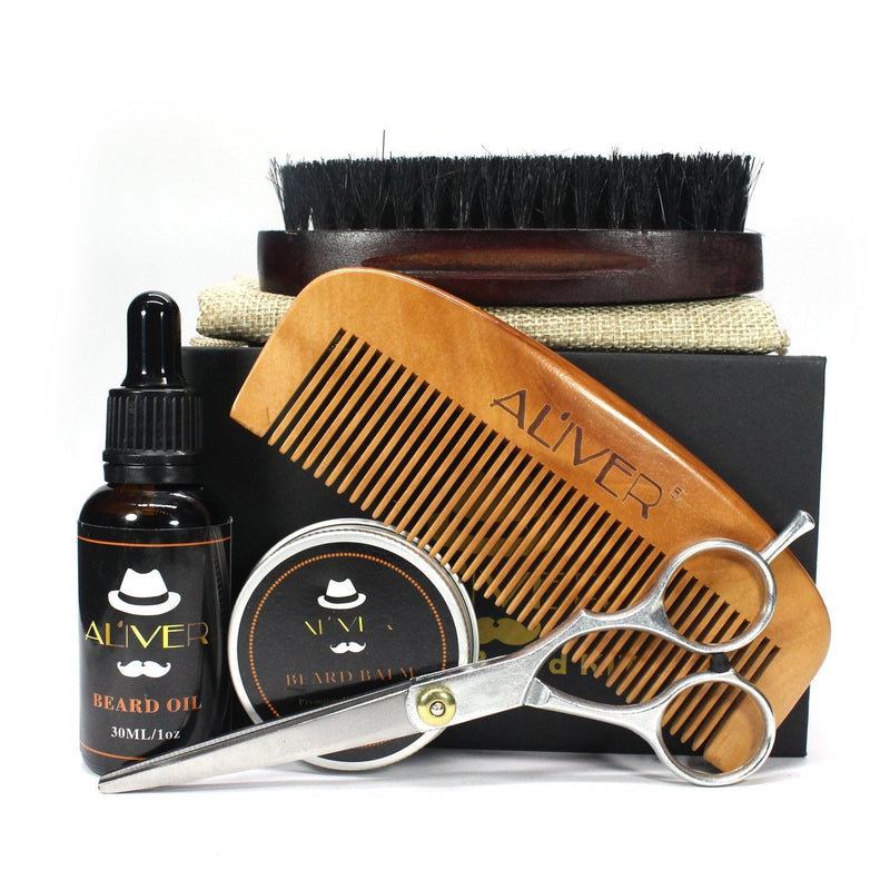 [Australia] - Beard Trimming Kit, 5 PCs Men Mustache Grooming Set - Organic Beard Oil(30ml)+Mustache Balm(30g) +Beard Brush+Beard Comb+ Professional Mustache Scissors for Styling Shaping & Growth 