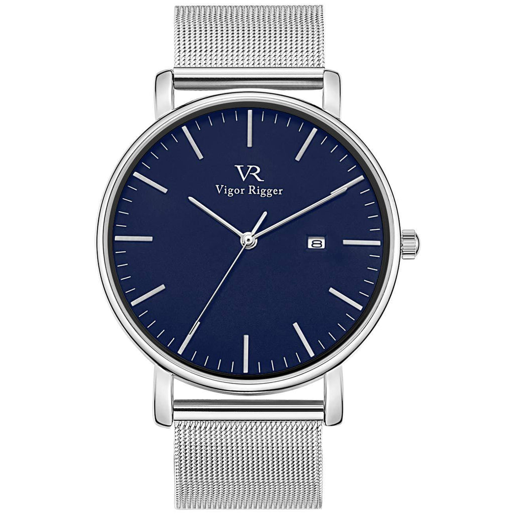 [Australia] - Vigor Rigger Mens Womens Watches Ultra Slim Black Wristwatch with Date Calendar Display Stainless Steel Band &Leather Strap Silver-blue 