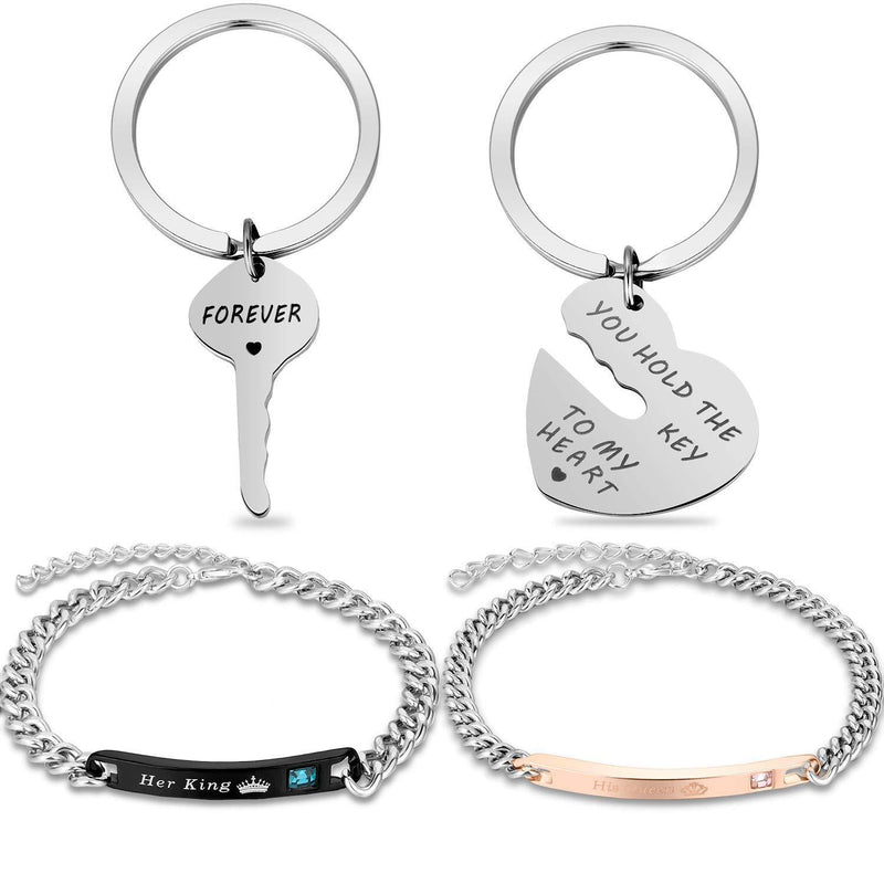 [Australia] - 2 Pieces Couple Key Chains Include You Hold The Key to My Heart and Forever Key Chain, 2 Pieces Couple Bracelets Include His Queen and Her King Bracelet for Christmas Valentines Day Presents 