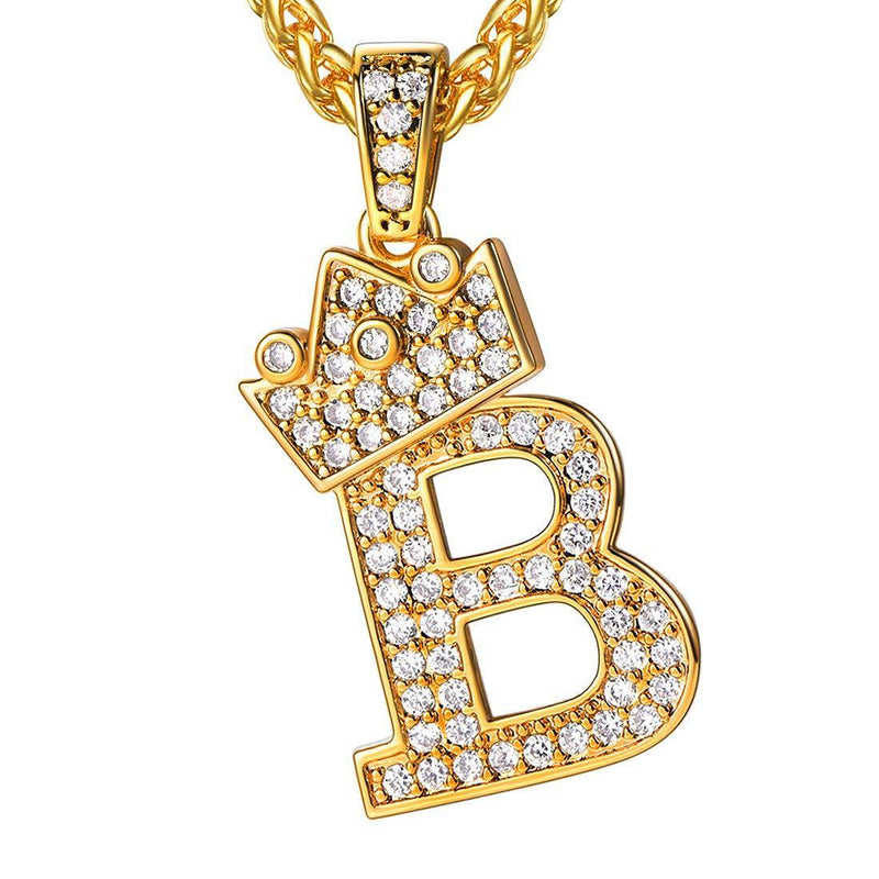 [Australia] - U7 Ice Out Majuscule Pendant Necklace, Crown Letter/Bubble Letter, Wheat/Tennis Chain, 26 Letters A-Z, Customizable, 18K Gold/Platinum Plated Full CZ Capital Jewellery Alphabet Necklace (Gift Box) 02. Letter B Style 01- Crown Letter- 18k Gold Plated 