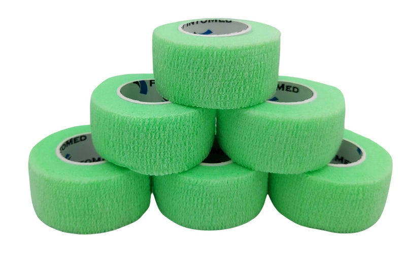 [Australia] - PintoMed - Green Cohesive Bandage Stretched 6 Rolls x 2.5cm x 4.5mts Self-adhesive Flexible Bandages, Professional Quality, First Aid Sports Wrap Bandages - Pack of 6 