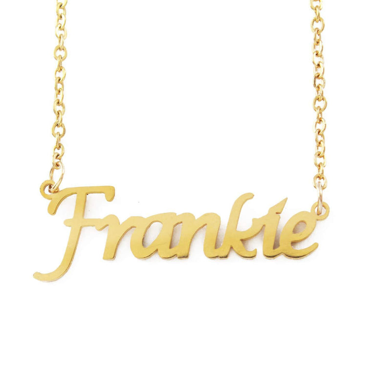 [Australia] - Kigu Frankie Name Necklace Personalised 18ct Gold Plated, Custom Dainty Name Pendants, Jewellery for Ladies, Girlfriend, Mother, Sister, Friends Inc Bag & Box 