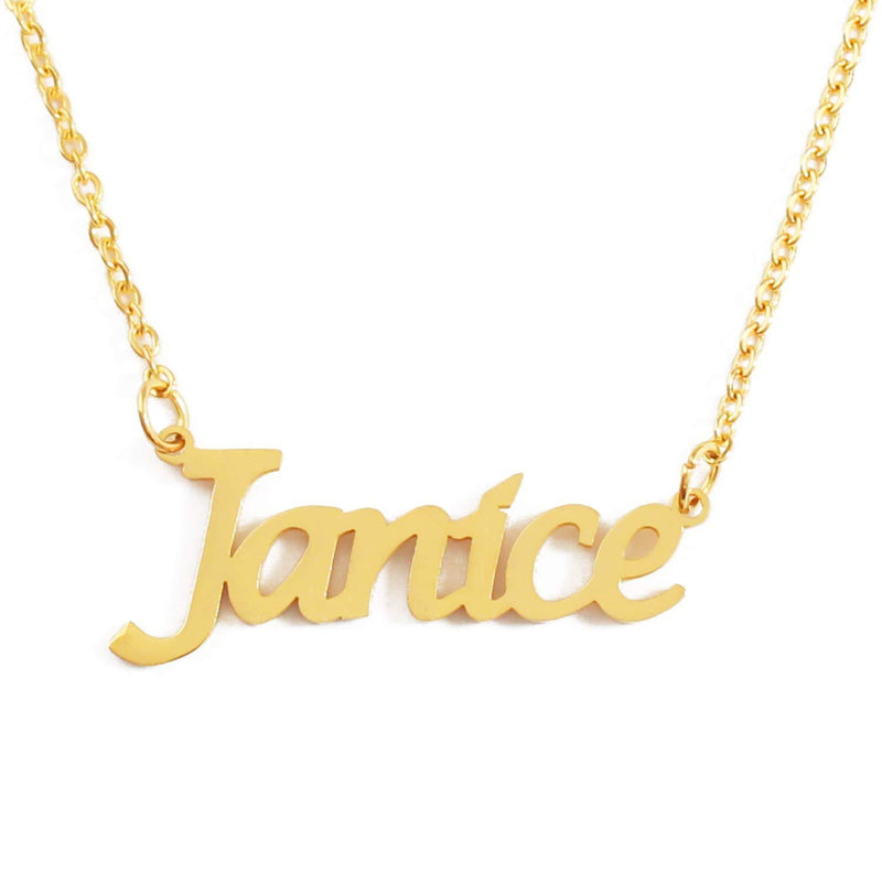 [Australia] - Kigu Janice Name Necklace Personalised 18ct Gold Plated, Custom Dainty Name Pendants, Jewellery for Ladies, Girlfriend, Mother, Sister, Friends Inc Bag & Box 
