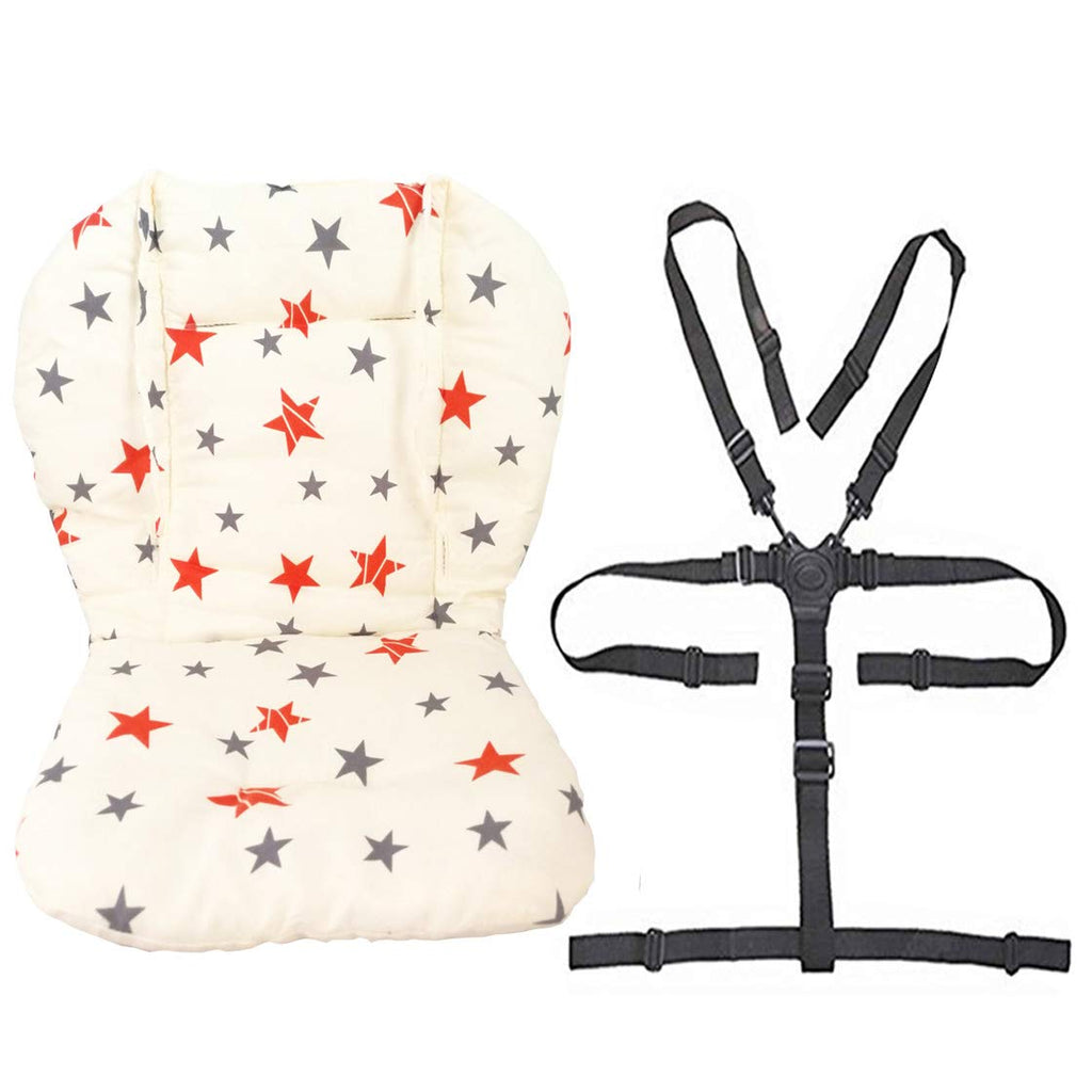 [Australia] - Baby High Chair Seat Cushion Liner Mat Pad Cover and High Chair Straps (5 Point Harness) 1 Suit (Stars) 1 Count (Pack of 1) 