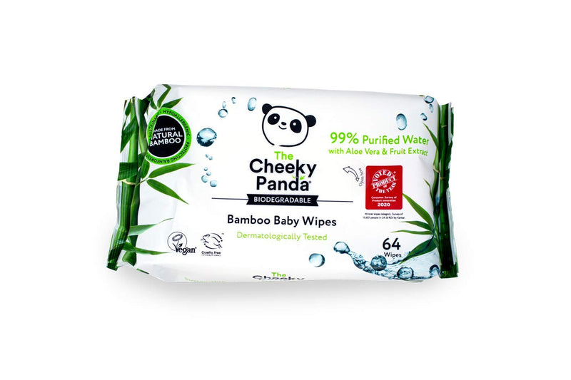 [Australia] - The Cheeky Panda – Bamboo Baby Wipes, Unscented | Pack of 64 Wipes | 100% Biodegradable, Eco-Friendly, Super Soft, Strong & Sustainable 64 Count (Pack of 1) 