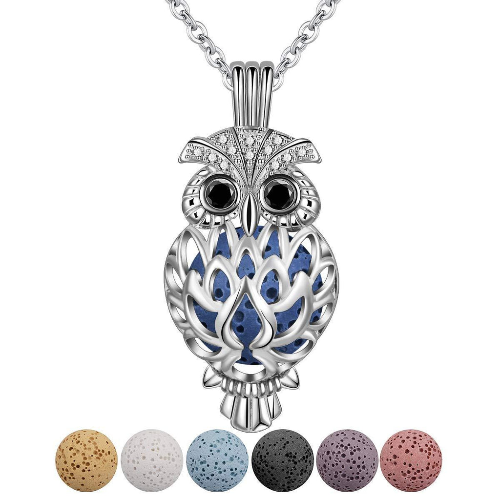 [Australia] - CELESTIA Womens Aromatherapy Essential Oil Diffuser Necklace, Silver Plated Wise Owl Locket Pendant with Chain and Volcanized Rock, Healing Jewellery owl with cable chain 