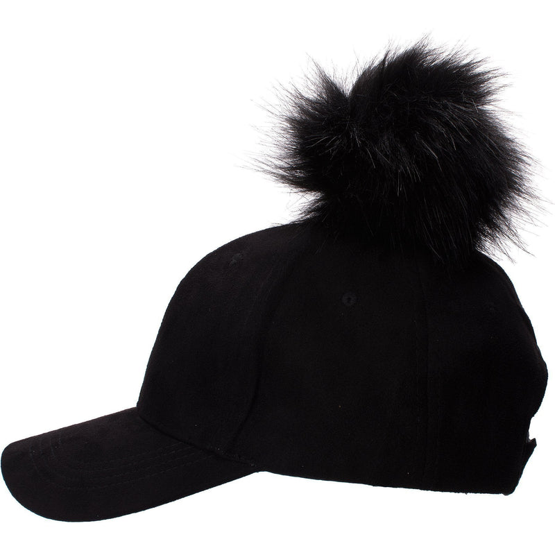 [Australia] - Lawliet Womens Adjustable Suede Baseball Cap Hip-Hop Hat Faux Fur Pom Pom A383 Black 