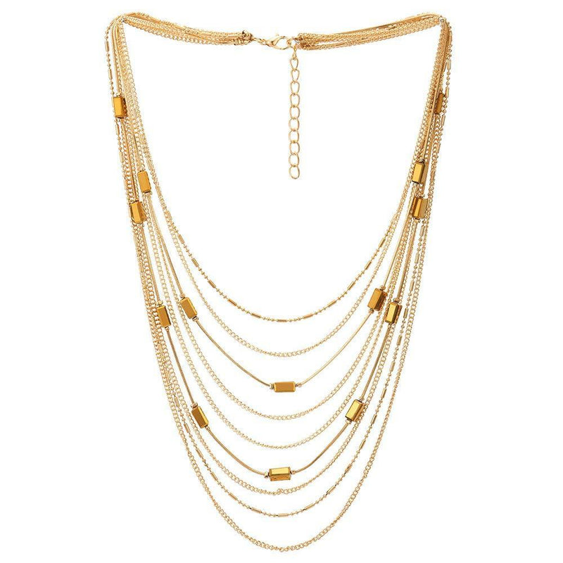 [Australia] - COOLSTEELANDBEYOND Gold Statement Choker Collar Necklace Waterfall Multi-Strand Chain with Rectangle Crystal Bead Charm 