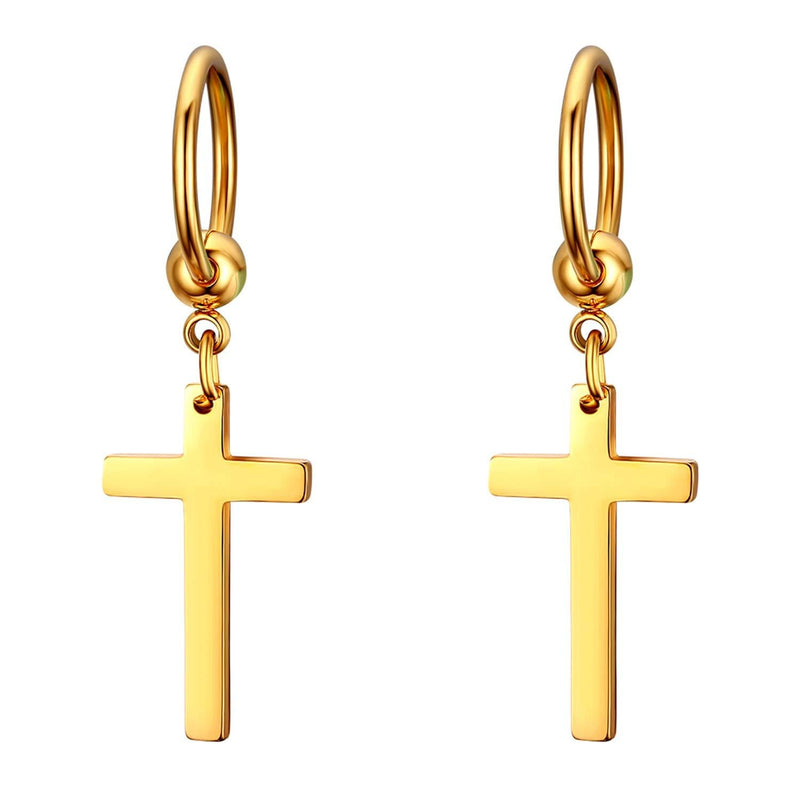 [Australia] - JewelryWe Cross Earrings,Glossy Stainless Steel Dangle Earrings Hoop Ear Rings for Men Women(Gold) 