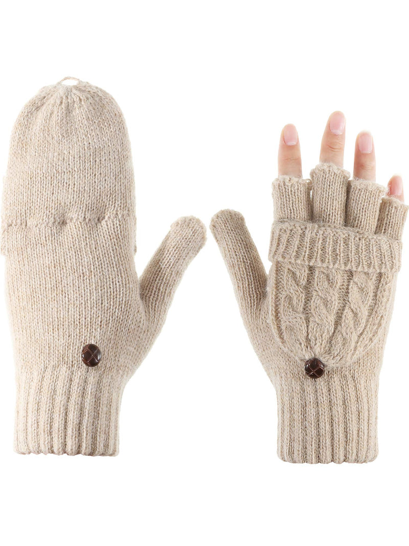 [Australia] - Women Convertible Glove Cable Knit Glove Half Finger Mitten with Cover for Cold Days Apricot 