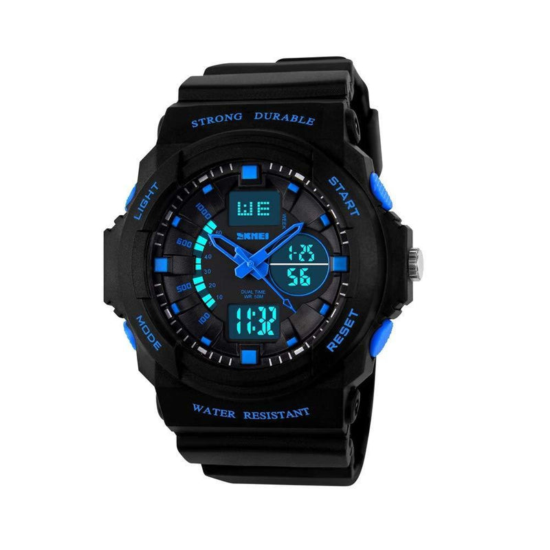 [Australia] - FeiWen Multifunction Waterproof Watches for Women Boys Student Outdoor Sport Military Army LED Electronic 12H / 24H Digital Analog Quartz Dual Dial Timezone Plastic with Rubber Strap, Blue 