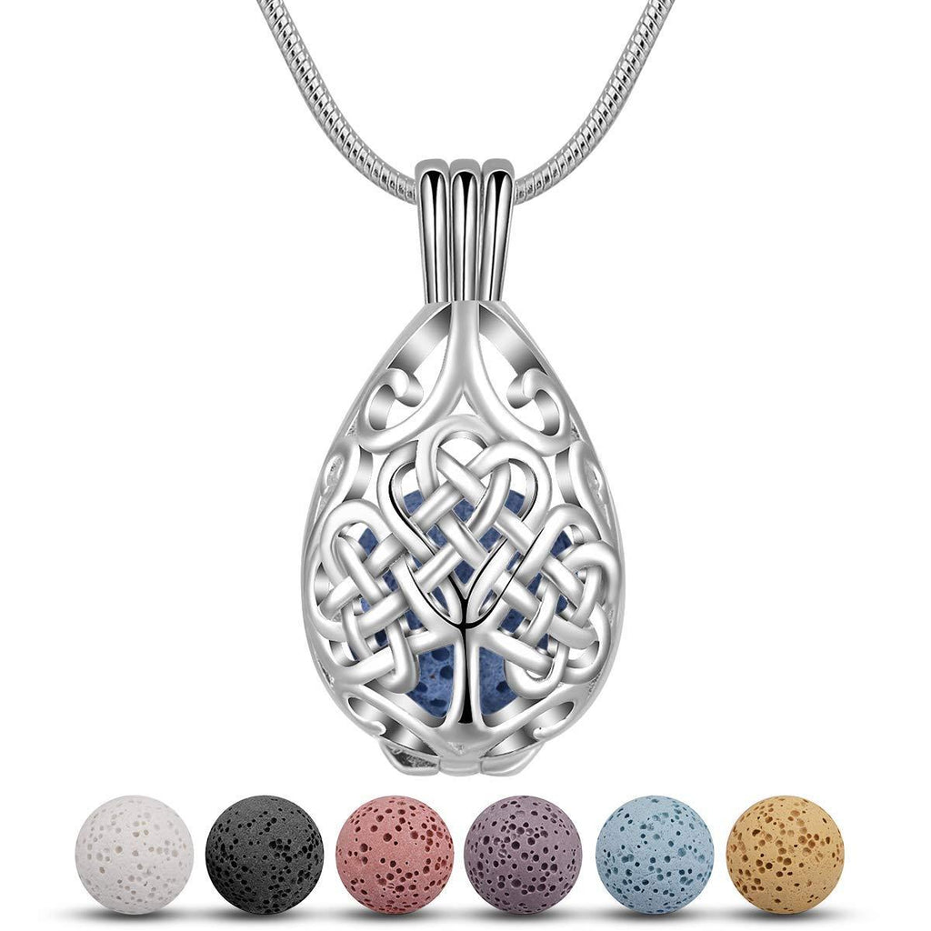 [Australia] - CELESTIA Mini Aromatherapy Essentail Oil Diffuser Necklace for Women, Silver Plated Life Tree Locket Pendant with 7 Lava Beads & 24" Chain 