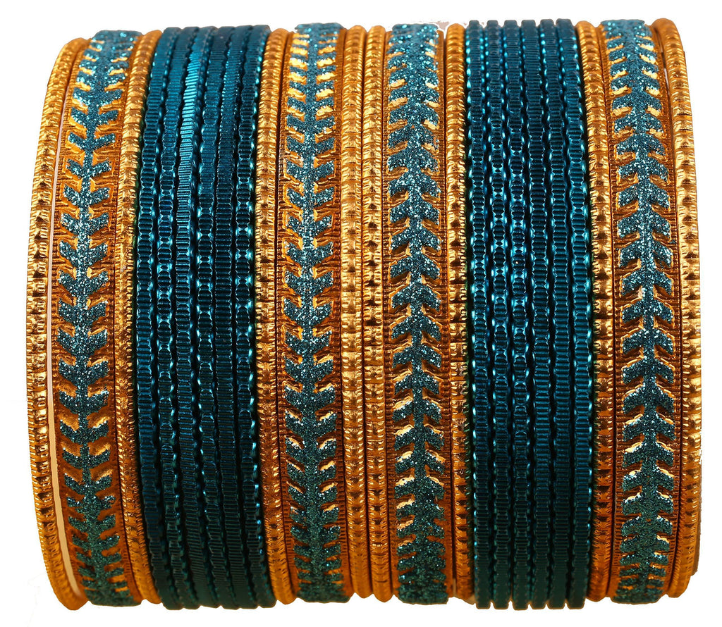 [Australia] - Touchstone New Metallic Colorful 2 Dozen Bangle Collection Indian Hollywood Textured Montana Blue Color Jewelry Special Large Size Bangle Bracelets Set of 24 in Antique Gold Tone for Women 