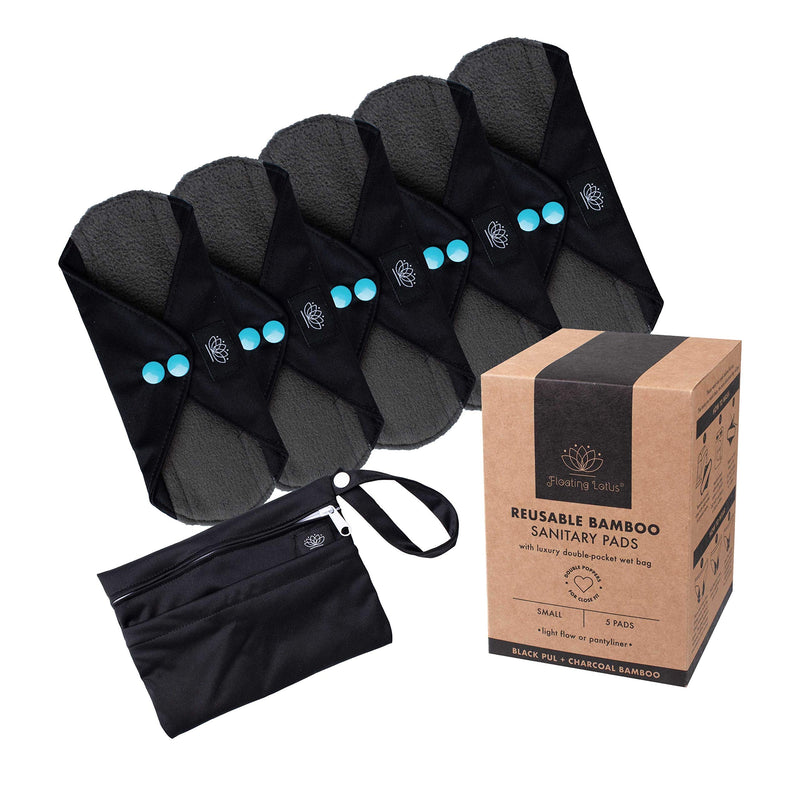 [Australia] - FLOATING LOTUS Reusable Sanitary Pads (5pk Small: Light to Medium Period Flow) Black Washable Bamboo Menstrual Towels Panty Liners inc Waterproof Bag 