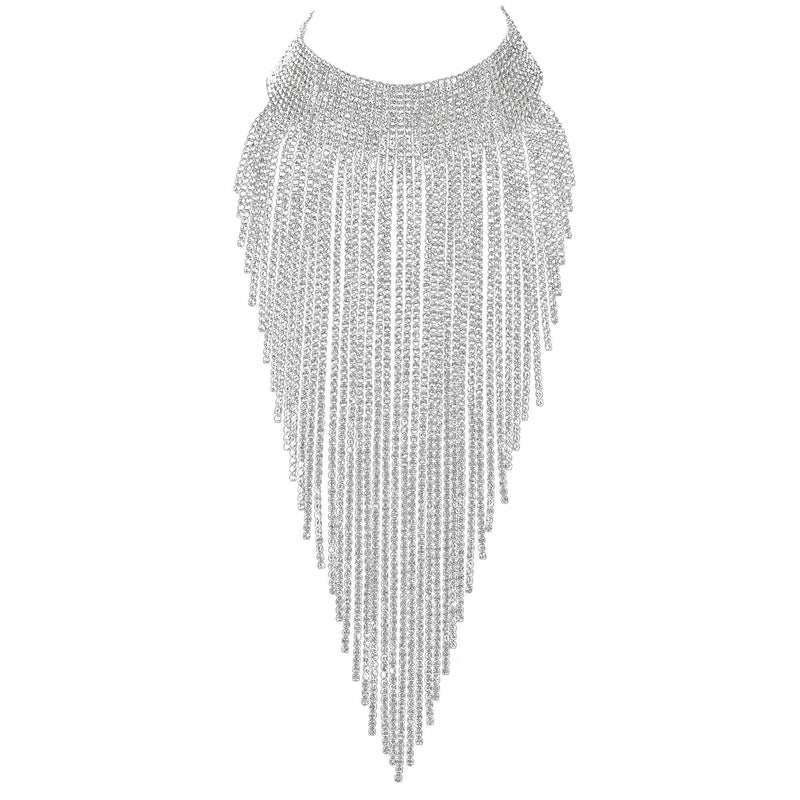 [Australia] - Ever Faith Women's Crystal Bib Statement Long Tassel Choker Necklace Costume Jewelry Clear Silver-tone 