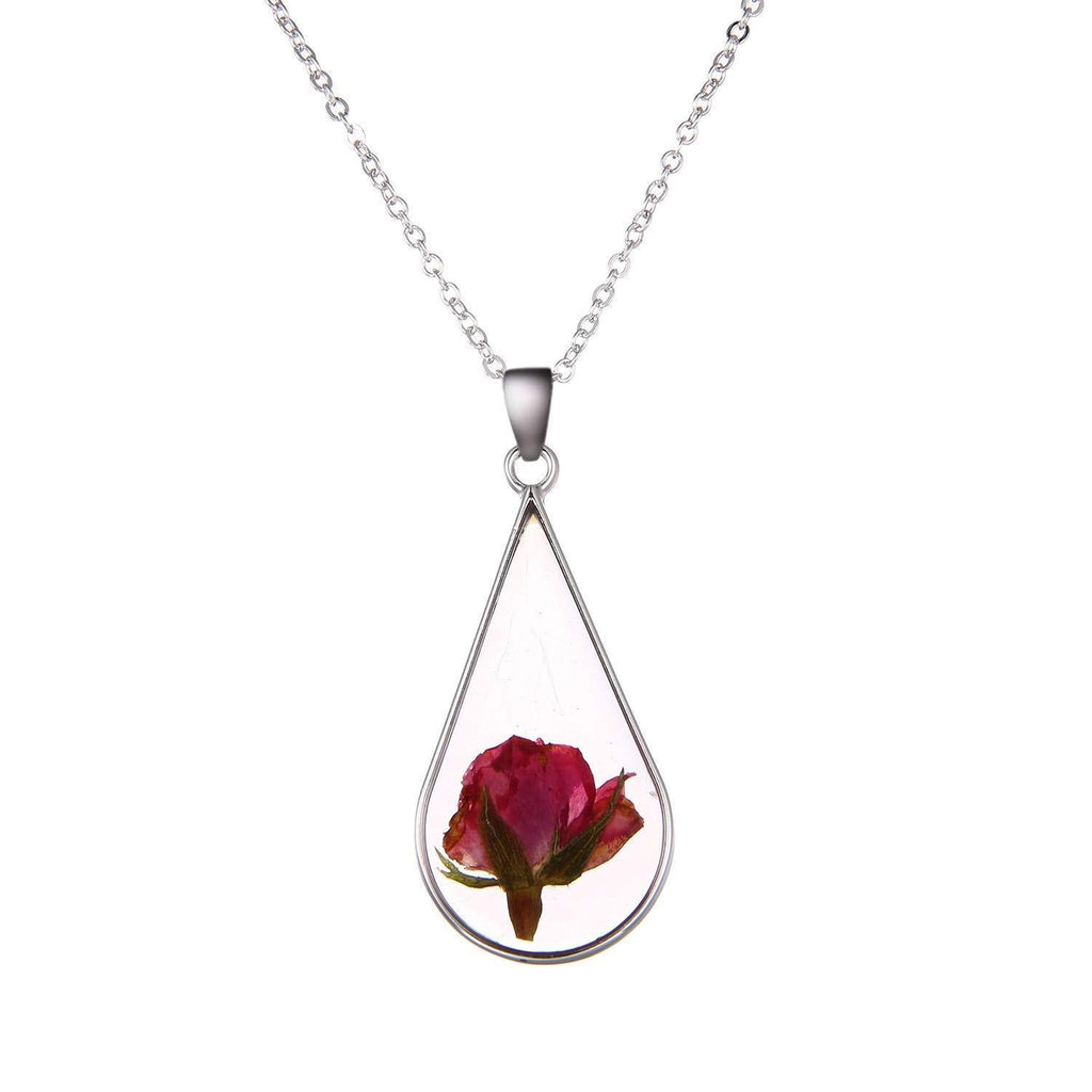 [Australia] - AILUOR Women's Silver Pressed Rose Flower Teardrop Pendant Necklace Adjustable 