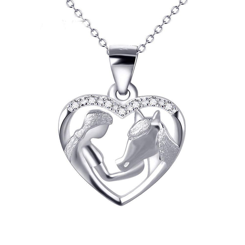 [Australia] - Sterling Silver Women Feeding Horse Love Heart Pendant Necklace Animal Jewelry With Cubic Zirconias 