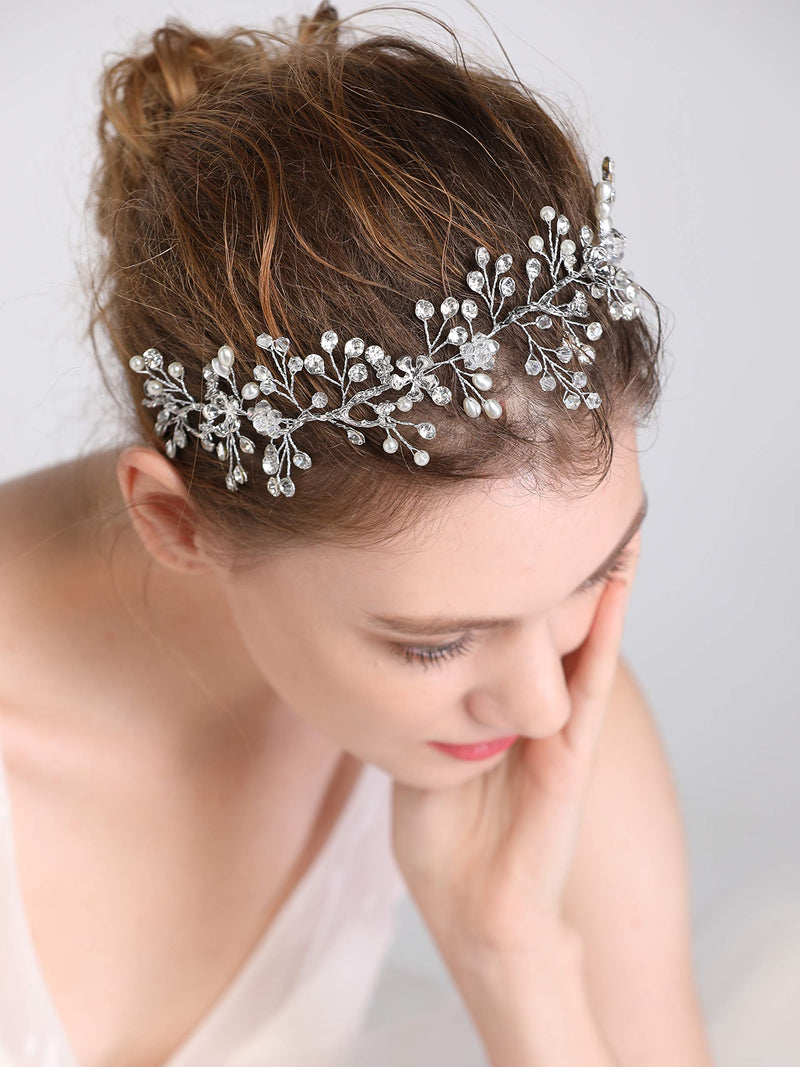[Australia] - FXmimior Bridal Goddess Wedding Leaf Flower Headpiece Silver Grecian Headband Wedding Prom Hair Jewelry Bridal Back Headpiece Rhinestone Shine Tiara Hair Accessories 