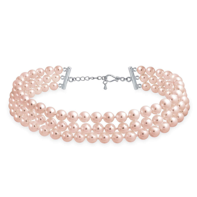 [Australia] - Bling Jewelry Bridal Hand Knotted 3 Row Wide Grey Pink White Simulated Pearl Strand Choker Collar Necklace for Women Teen Prom Wedding 