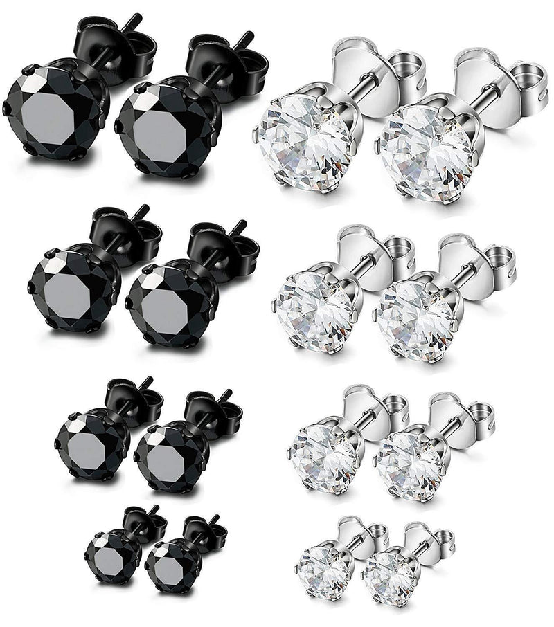 [Australia] - Finrezio 8 Pairs Stainless Steel Stud Earrings for Men Women Piercing Cubic Zirconia Earrings, 3mm-10mm Round Zircon: 3-6mm 