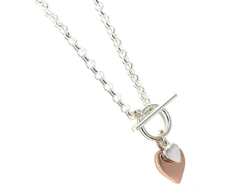 [Australia] - Sterling Silver and Rose Gold Plated Double Heart T Bar Necklace 