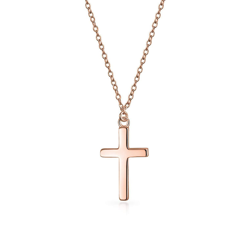 [Australia] - Bling Jewelry Minimalist Simple Flat Tiny Religious Latin Cross Pendant Necklace for Teen Women Rose Gold Plated .925 Sterling Silver Rose Gold Plated Silver 