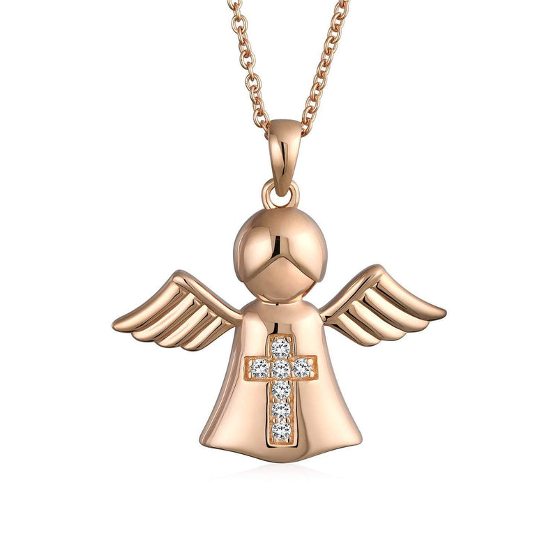 [Australia] - Bling Jewelry Tiny Petite CZ Accent Cross Protection Guardian Angel Pendant Necklace for Teen for Women Rose Gold Plated 925 Sterling Silver 