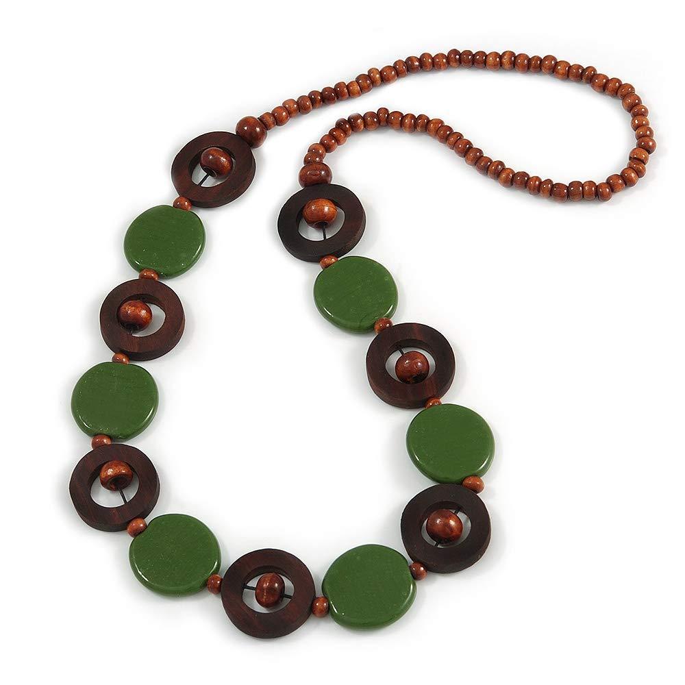 [Australia] - Avalaya Bottle Green Ceramic and Brown Wood Bead Necklace - 74cm Long 