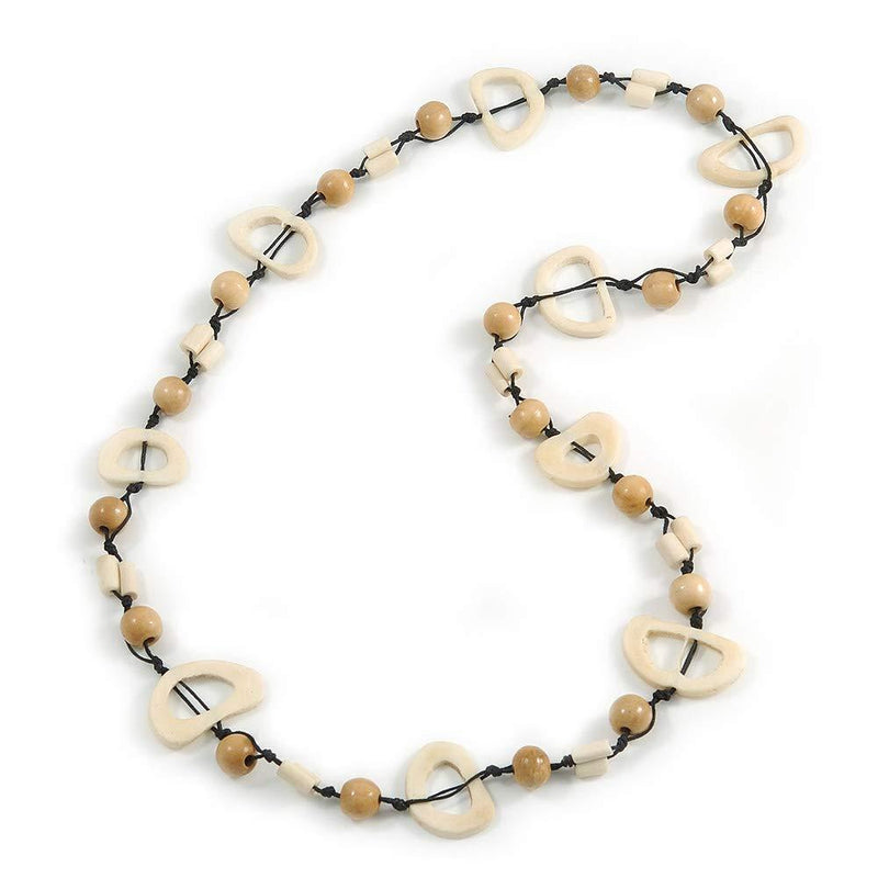 [Australia] - Off White/Natural Round and Oval Wooden Bead Cotton Cord Necklace - 84cm Long 