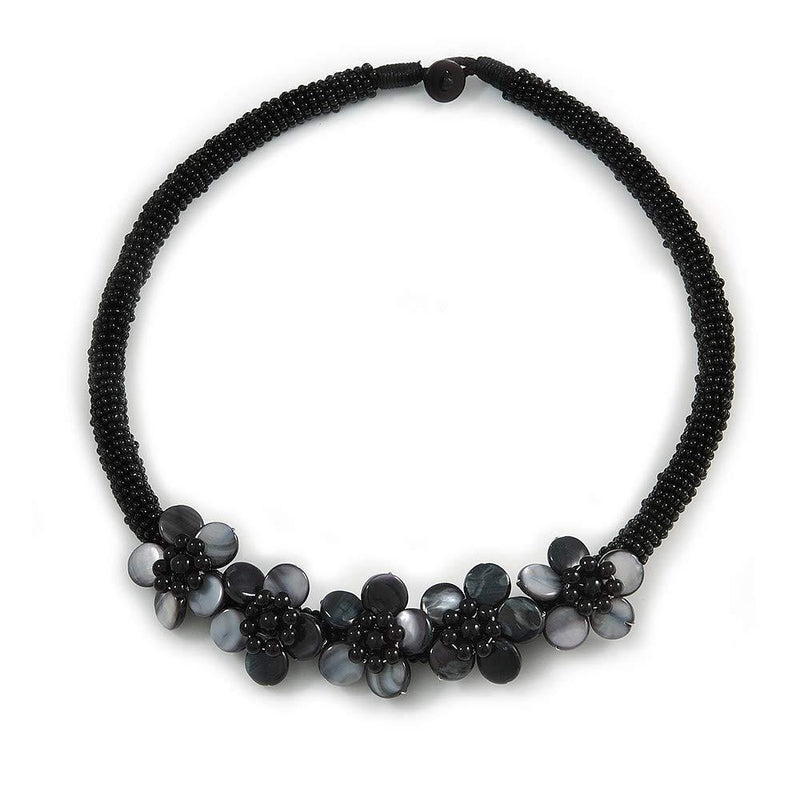 [Australia] - Avalaya Black Glass Bead with Shell Floral Motif Necklace - 48cm Long 