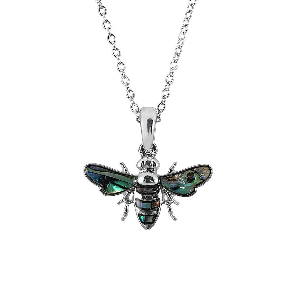 [Australia] - Kiara Jewellery Small Flying Bee Pendant Necklace Inlaid With Natural Greenish Blue Paua Abalone Shell on 18" Trace Chain. Non Tarnish Silver Colour Rhodium plated. 