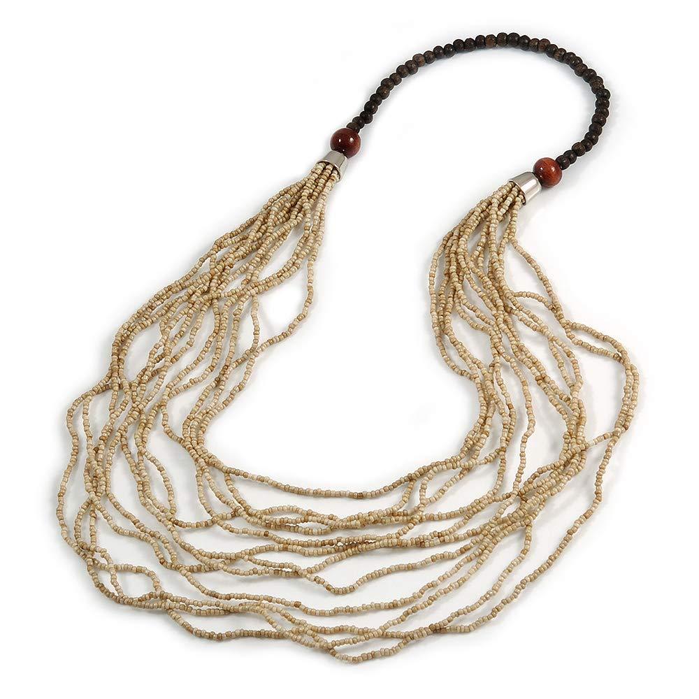 [Australia] - Avalaya Statement Multistrand Antique White Glass Bead, Brown Wood Bead Necklace - 110cm L 