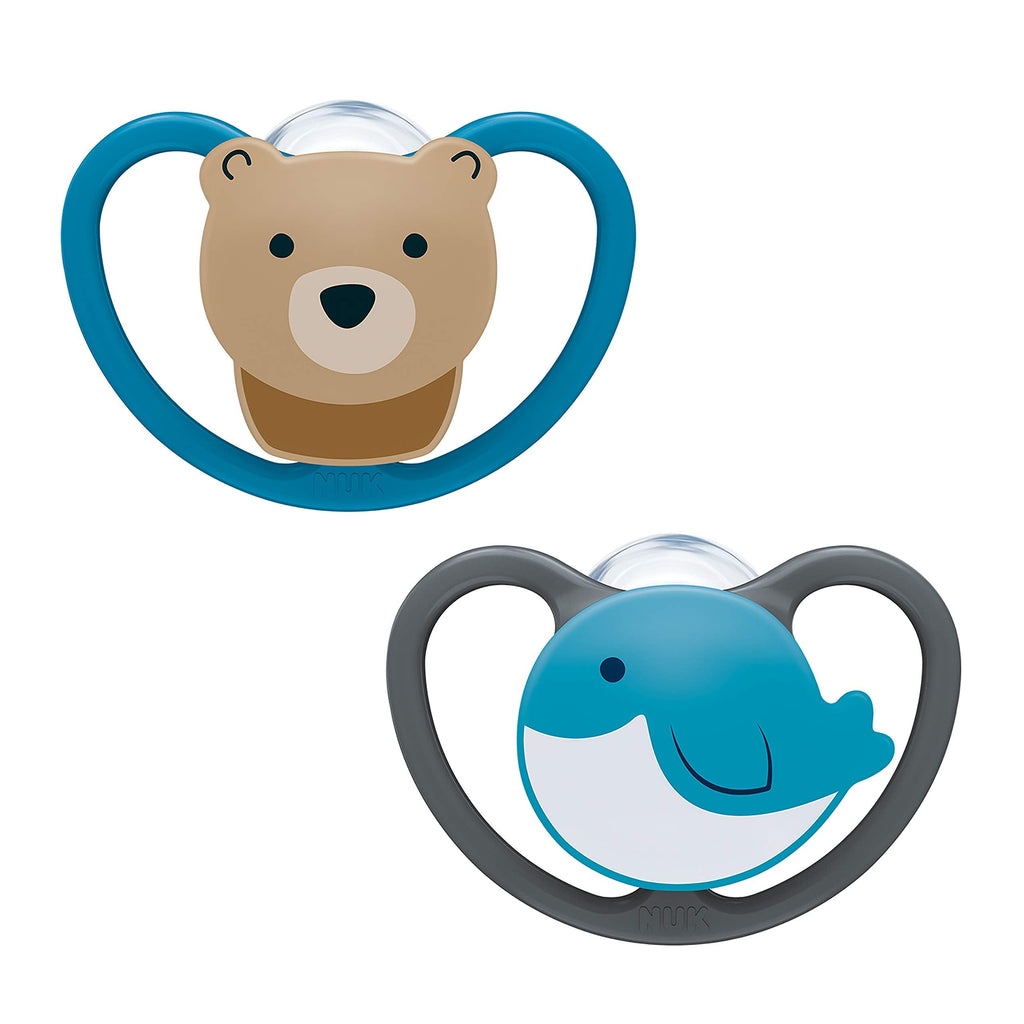 [Australia] - NUK Space Baby Dummy, 0-6 Months, Silicone, Bear and Whale, 2 Count Bear & Whale 2 Count (Pack of 1) 