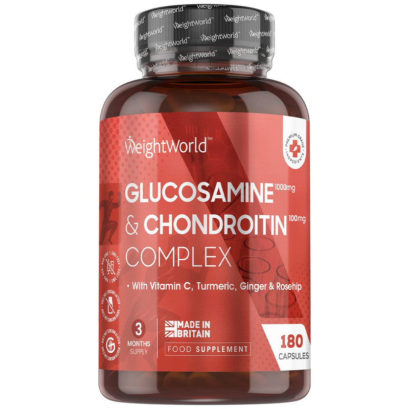 [Australia] - Glucosamine and Chondroitin High Strength - 180 Capsules (3 Month Supply) - Glucosamine Complex with Ginger, Vitamin C, Turmeric, Rosehip - Glucosamine Sulphate 2KCL Bone & Joint Supplements - UK Made 