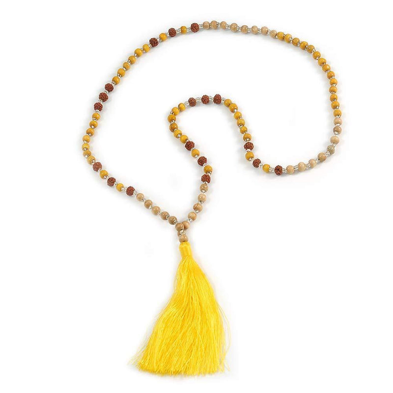 [Australia] - Avalaya Long Wood, Glass, Seed Beaded Necklace with Silk Tassel (Nude, Yellow, Brown) - 80cm L/ 11cm Tassel 