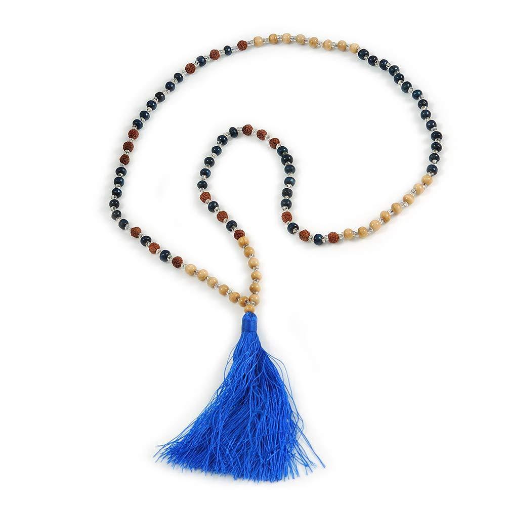 [Australia] - Avalaya Long Wood, Glass, Seed Beaded Necklace with Silk Tassel (Nude, Blue, Brown) - 80cm L/ 11cm Tassel 