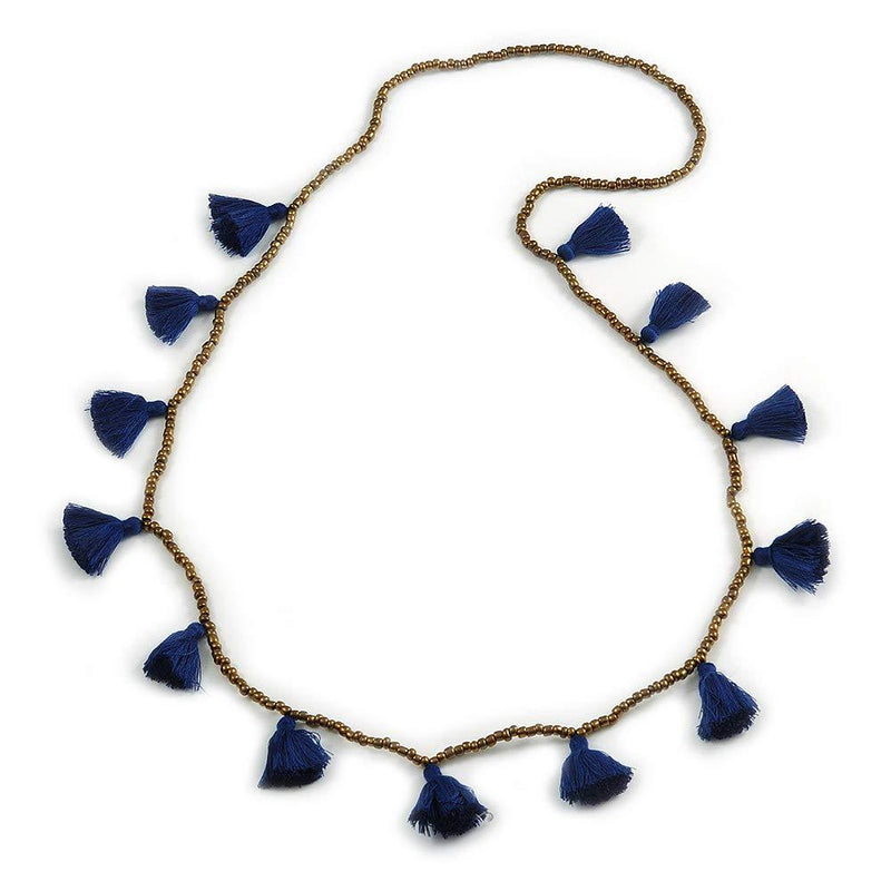 [Australia] - Avalaya Boho Style Bronze Glass Bead with Dark Blue Tassel Long Necklace - 96cm L 