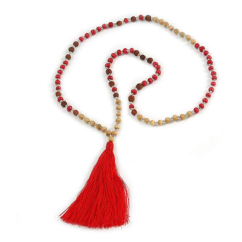 [Australia] - Avalaya Long Wood, Glass, Seed Beaded Necklace with Silk Tassel (Nude, Red, Brown) - 80cm L/ 11cm Tassel 