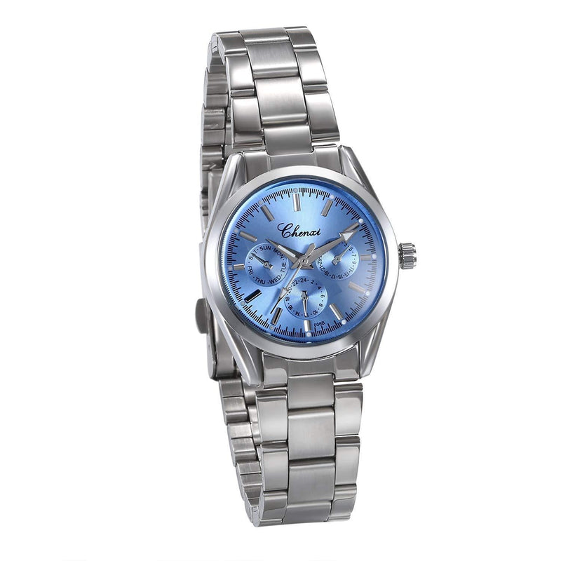 [Australia] - JewelryWe Womens Watches 3 Eyes Round Quartz Watch Silver Tone Stainless Steel Watchband Wrist Watch Blue 