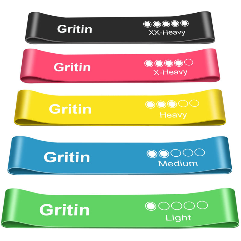 [Australia] - Gritin Resistance Bands, [Set of 5] Skin-Friendly Resistance Fitness Exercise Loop Bands with 5 Different Resistance Levels - Carrying Case Included - Ideal for Home, Gym, Yoga, Training Green - Blue- Yellow - Red - Black 