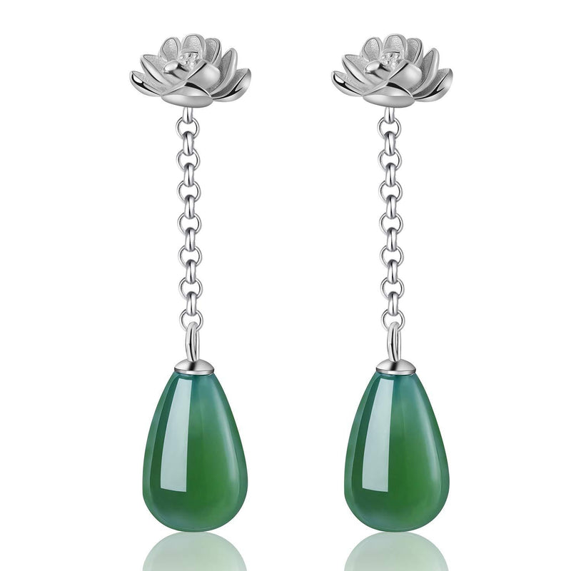 [Australia] - Gift for Christmas Lotus Fun S925 Sterling Silver Drop Earrings Natural Agate Water Drop Lotus Dangle Earrings for Women and Girls, Handmade Unique Jewelry (Antique silver) 