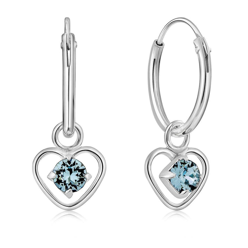 [Australia] - DTPsilver® 925 Sterling Silver SMALL Hoops Earrings & Dangling Heart with 3 mm Glittering Crystals from Swarovski® Elements - Thickness 1.5 mm - Diameter: 14 mm Blue Aquamarine 