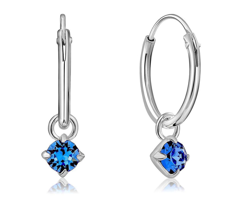 [Australia] - DTPsilver® 925 Sterling Silver SMALL Hoops Earrings & Round Dangling 3 mm Glittering Crystals from Swarovski® Elements - Thickness 1.5 mm - Diameter: 14 mm Blue Sapphire 