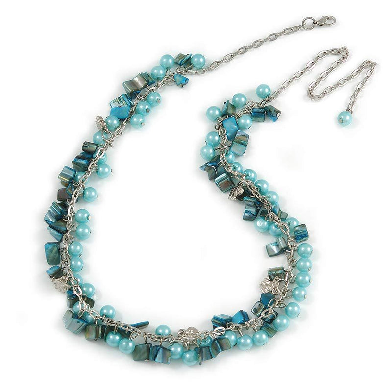 [Australia] - Avalaya Statement Light Blue Glass, Teal Nugget Silver Tone Chain Necklace - 60cm L/ 8cm Ext 