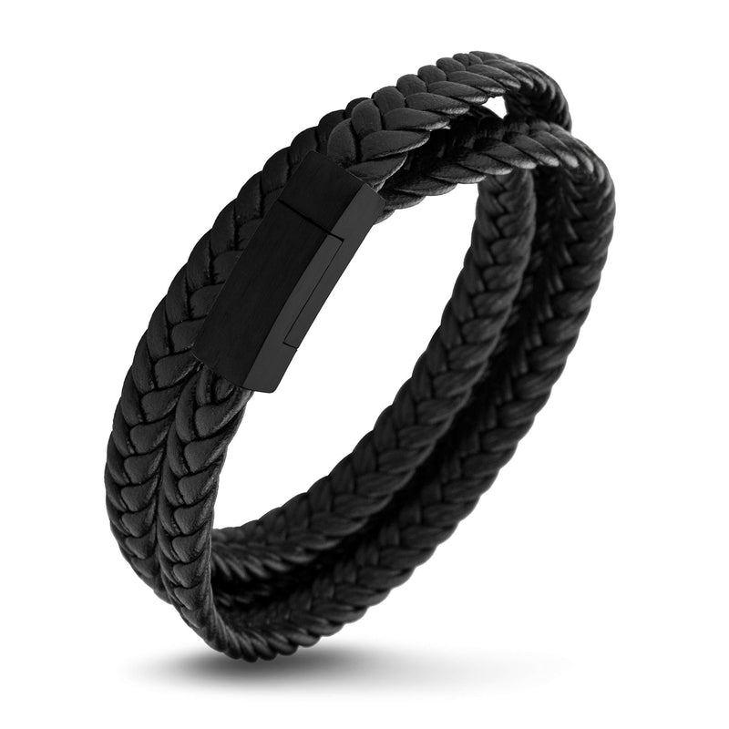 [Australia] - 555Jewelry Stainless Steel Braided Wrap Leather Cord Magnetic Clasp Bracelet Black & Black 9.0 Inches 