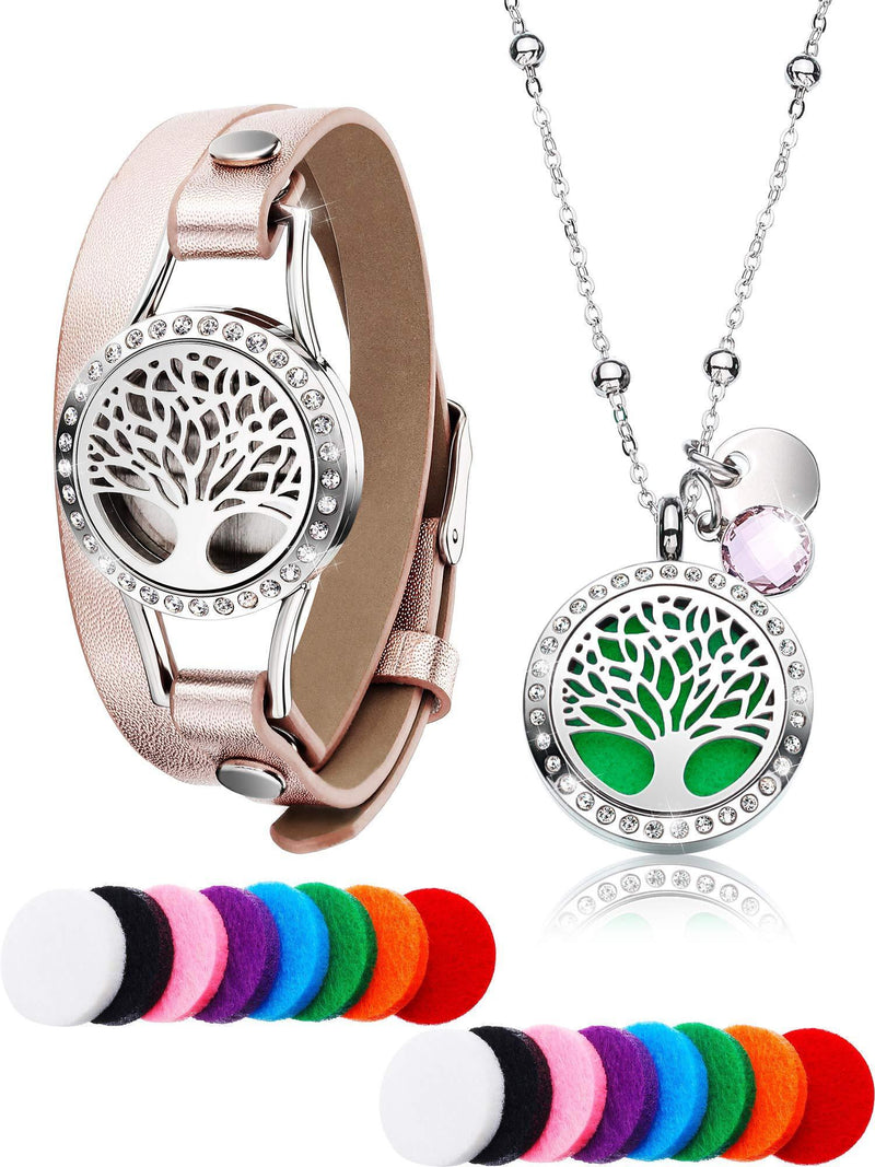 [Australia] - Tree Life Essential Oil Diffuser Diamond Necklace with Stainless Steel Aromatherapy Diamond Locket Leather Bracelets, 16 Pieces Washable Refill Pad in Different Color, for Girl Women 