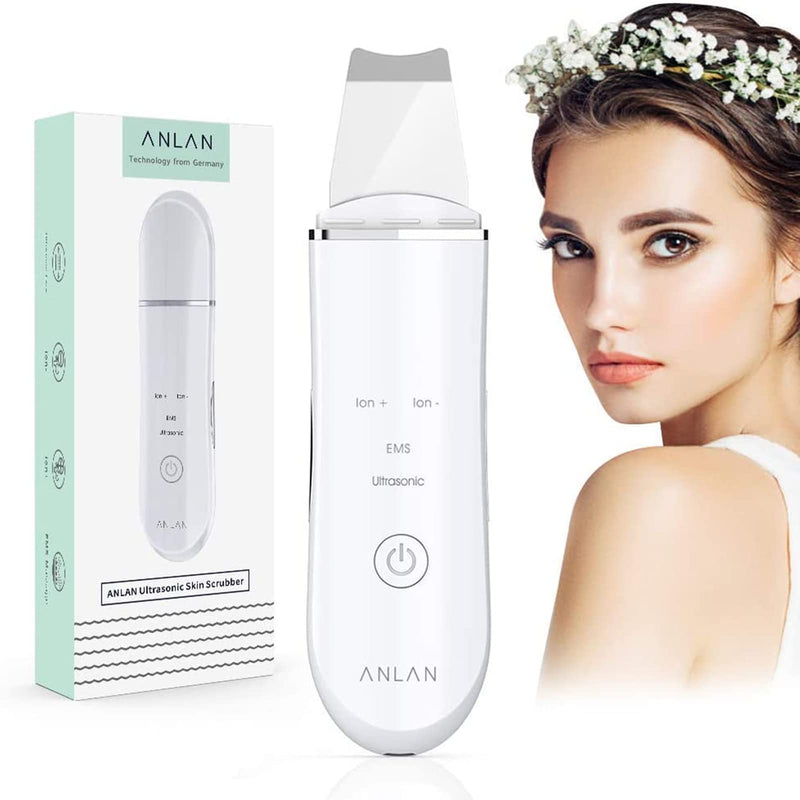 [Australia] - Facial Skin Scrubber, ANLAN Electric Ultrasonic EMS Ion Face Spatula Blackhead Removal Pores Cleaner Wrinkle Remover Comedone Extractor Skin Care Massager USB Rechargeable Beauty Tool White 