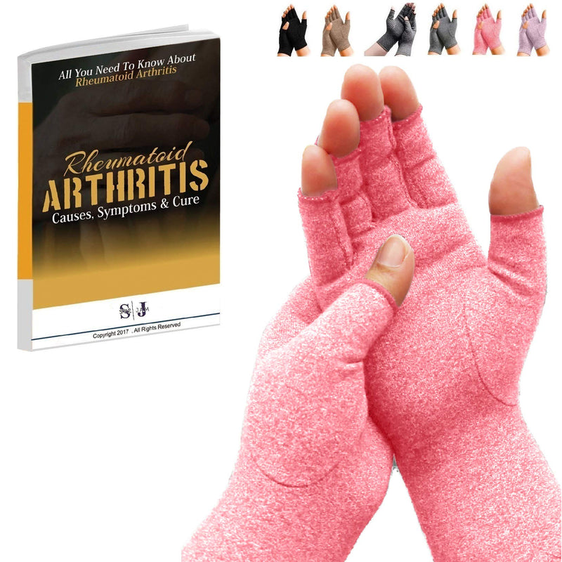 [Australia] - SyeJam Arthritis Gloves Fingerless- Rheumatoid Arthritis Compression Gloves for Pain Relief - Pink (L) 1 Pair Pink (1 Pair) + Free Ebook L (Pack of 2) 
